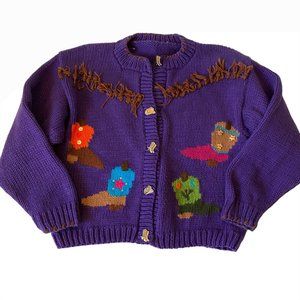 Kids Purple Knit Button-Up Sweater with Fringe and Colorful Motifs